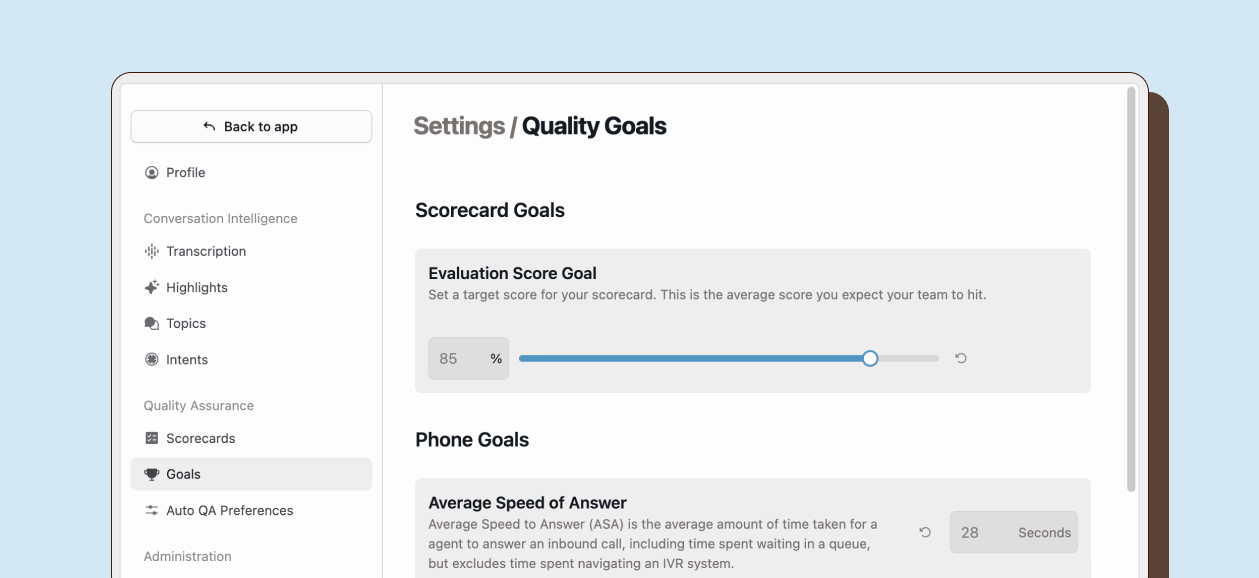 Goals configuration interface