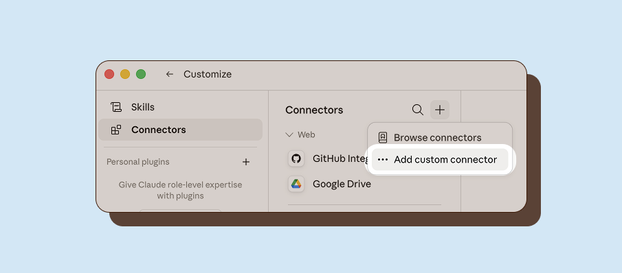 Claude Manage Connectors screen with Add custom MCP server option