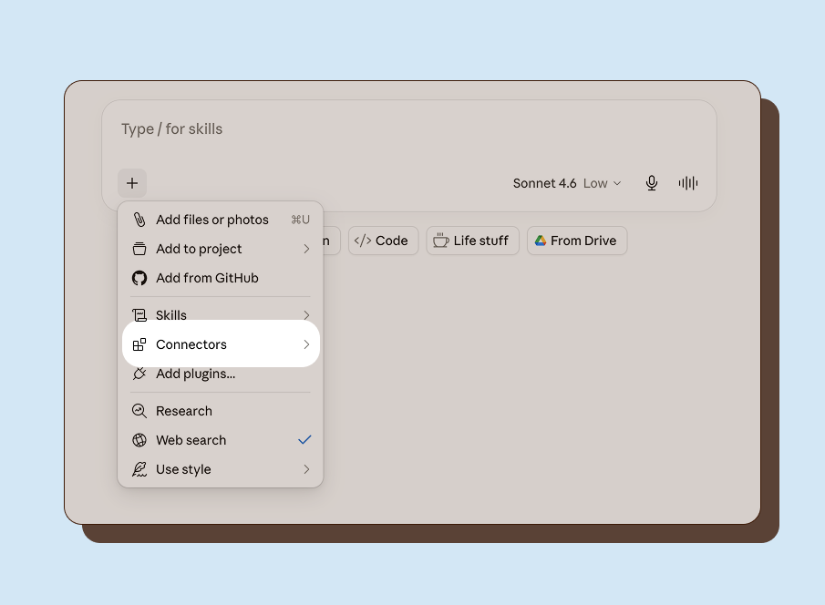 Claude connectors menu showing Manage Connectors