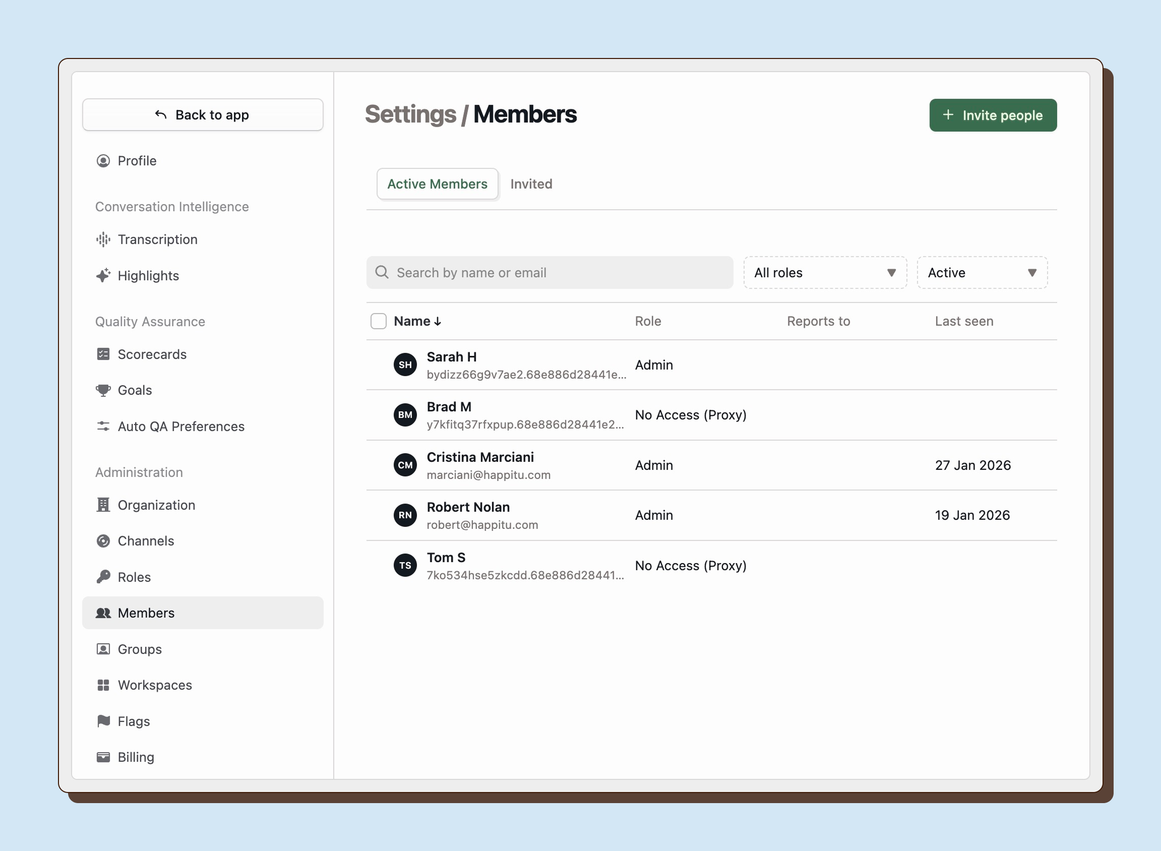 Settings Members page with Invite people button